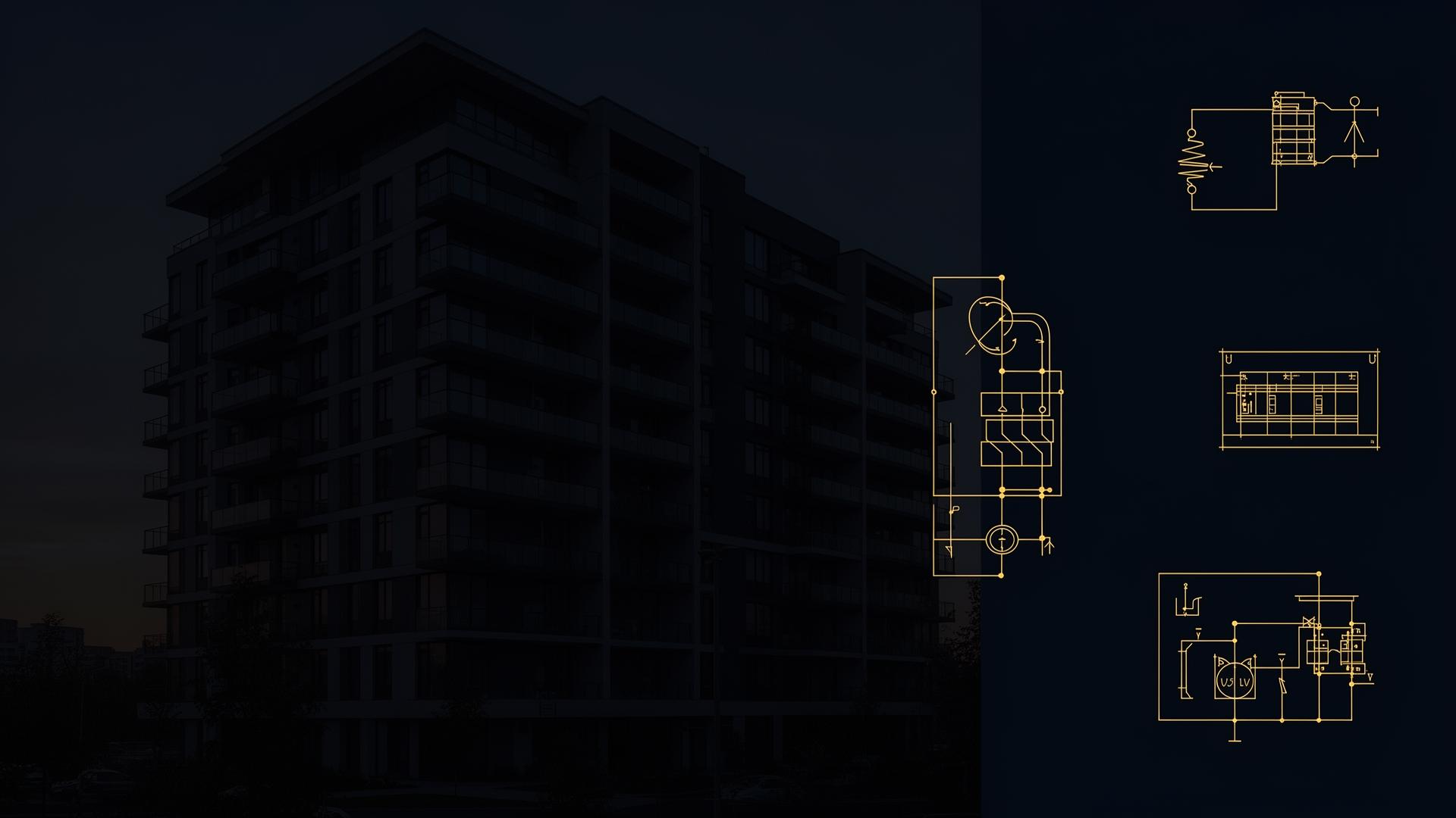 Condomínio residencial moderno com sobreposição de diagramas técnicos elétricos